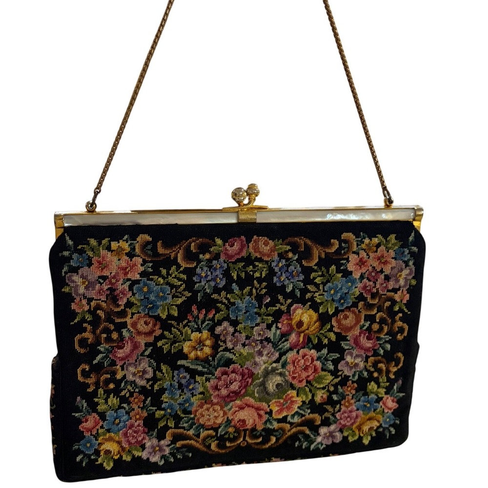 Vintage Floral Tapestry Handbag Gold Chain Kiss Lock Mother of Pearl Inlay Black